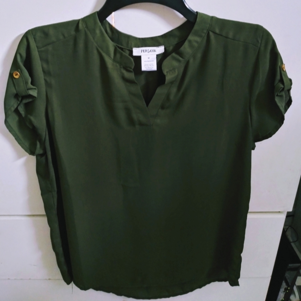 Persaya Women's Green V-Neck M Blouse Top